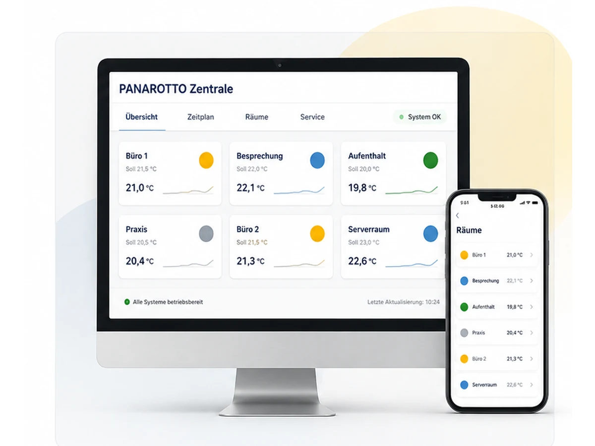 Konzeptvisualisierung der PANAROTTO Smart Heizungs-Zentrale auf Desktop und Smartphone
