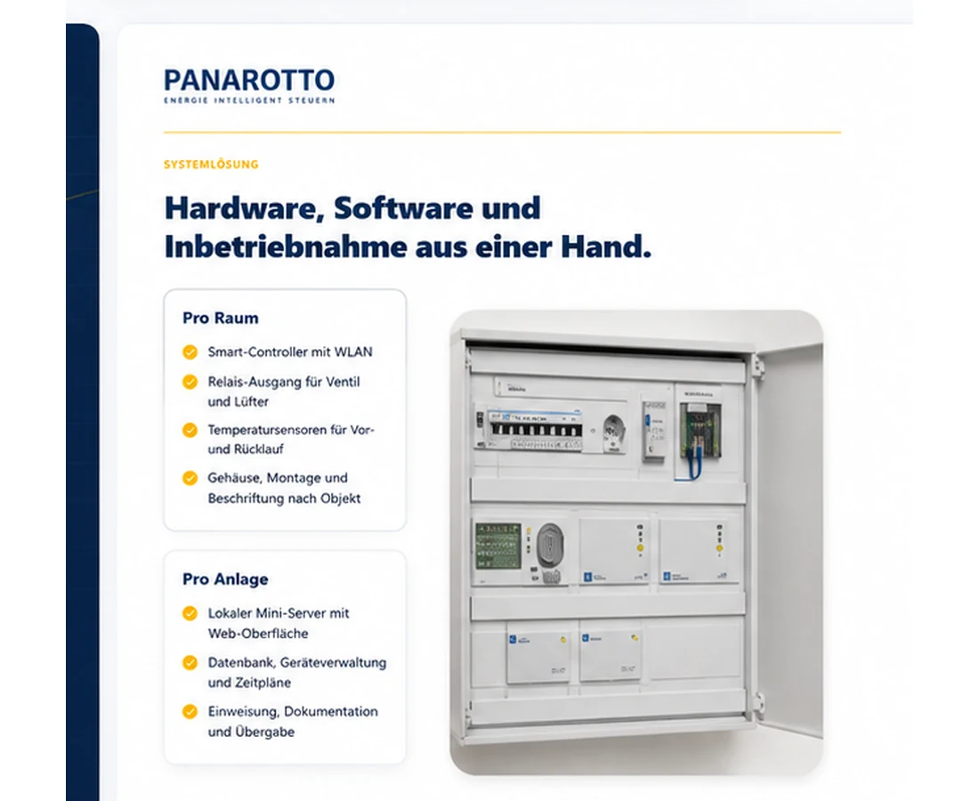 Konzeptvisualisierung von Schaltschrank, Steuerungshardware und lokaler Web-Anwendung